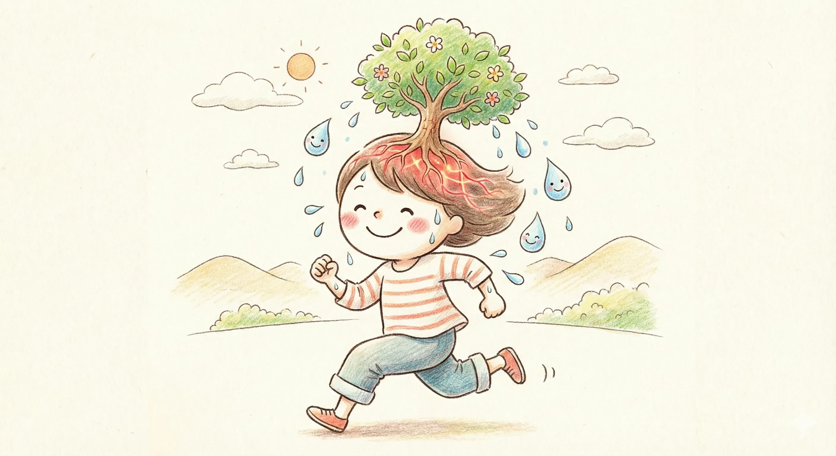有氧運動護髮概念圖：將跑步描繪為幫頭皮樹苗澆水的過程，象徵促進血液循環與養分輸送