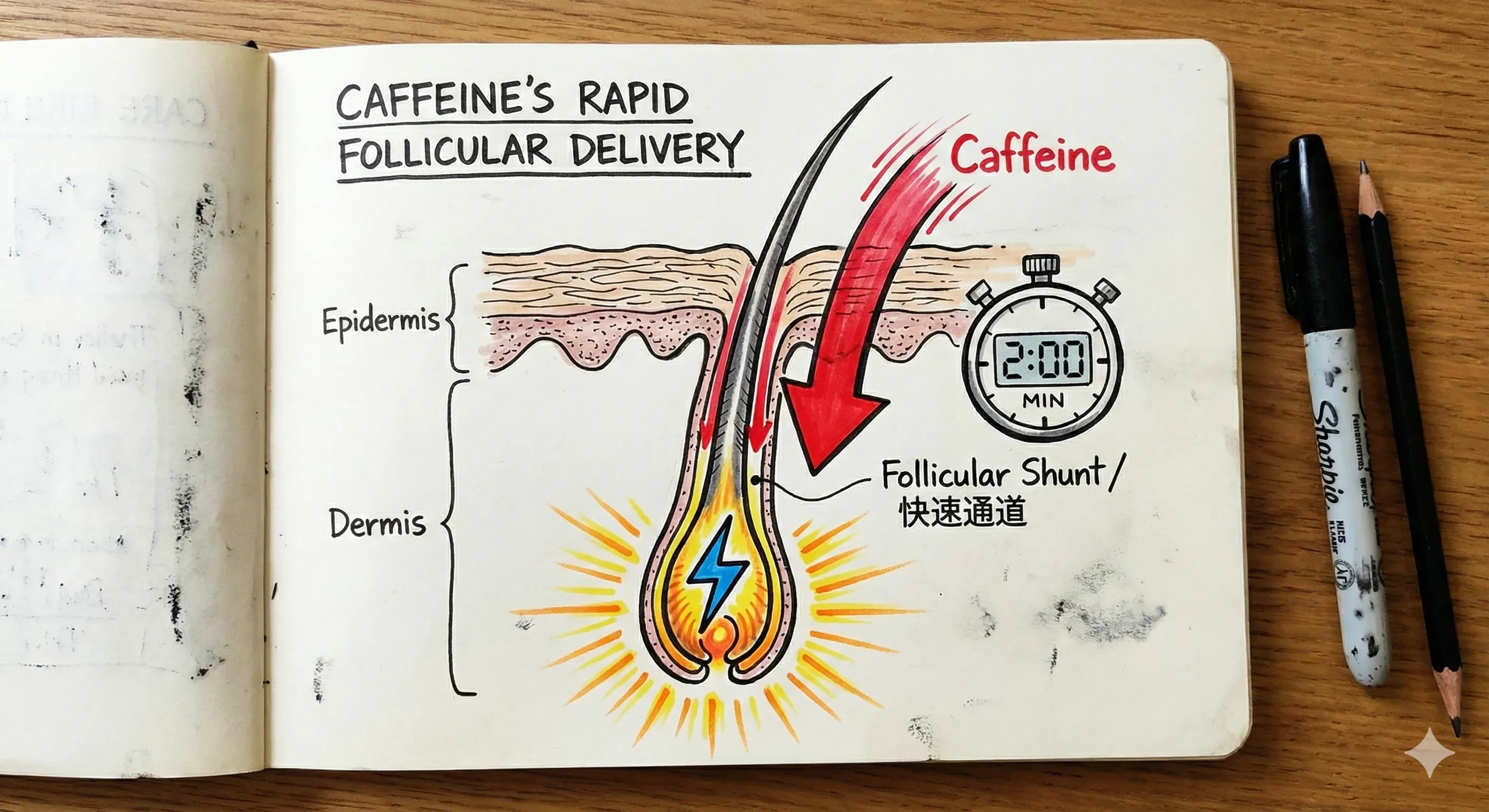咖啡因滲透機制手繪圖：顯示咖啡因分子不走皮膚表面，而是經由毛囊通道 (Follicular Shunt) 在 2 分鐘內快速直達髮根