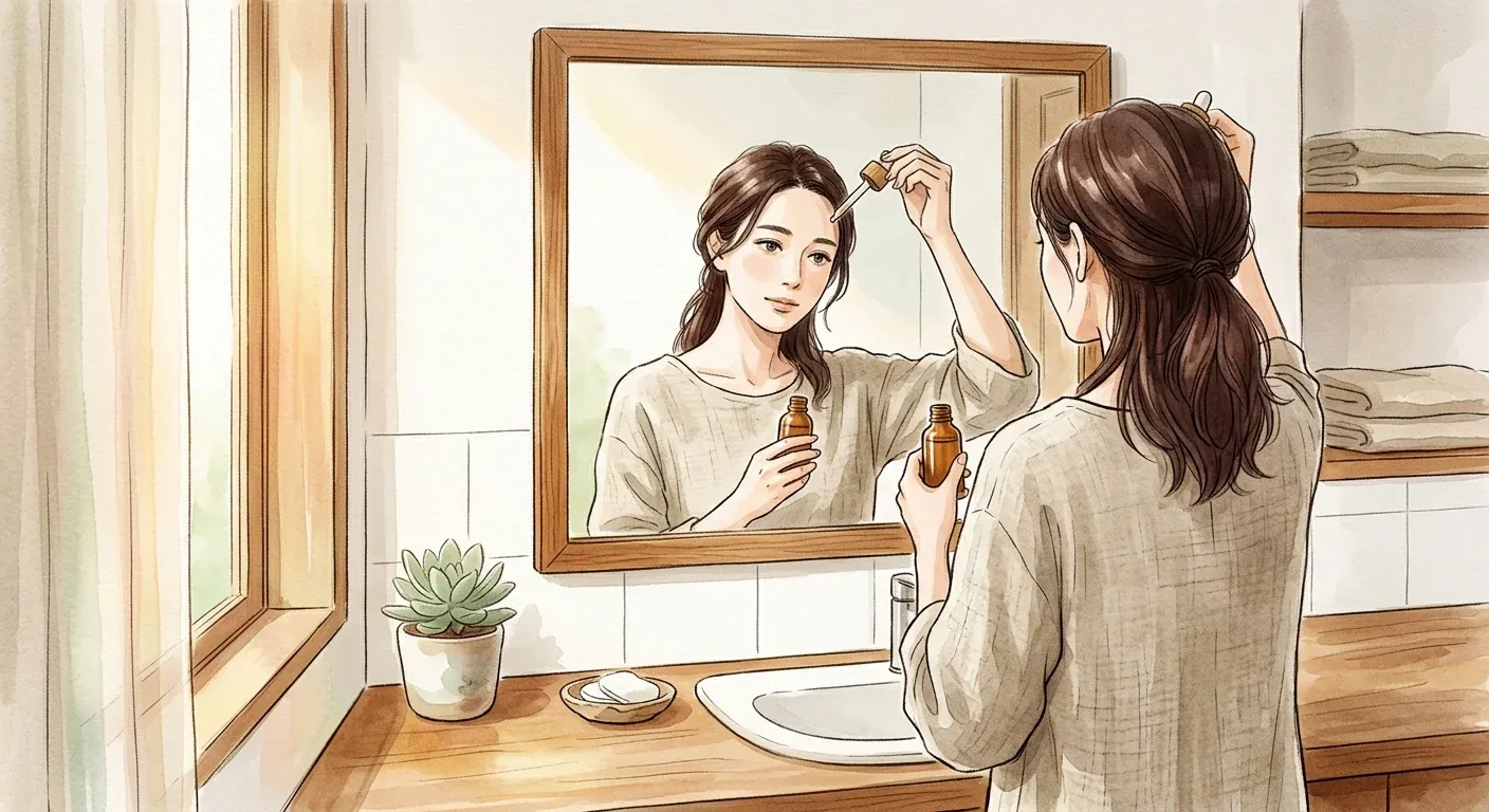 女性早晨在浴室鏡前準備擦 Minoxidil 的安靜時刻