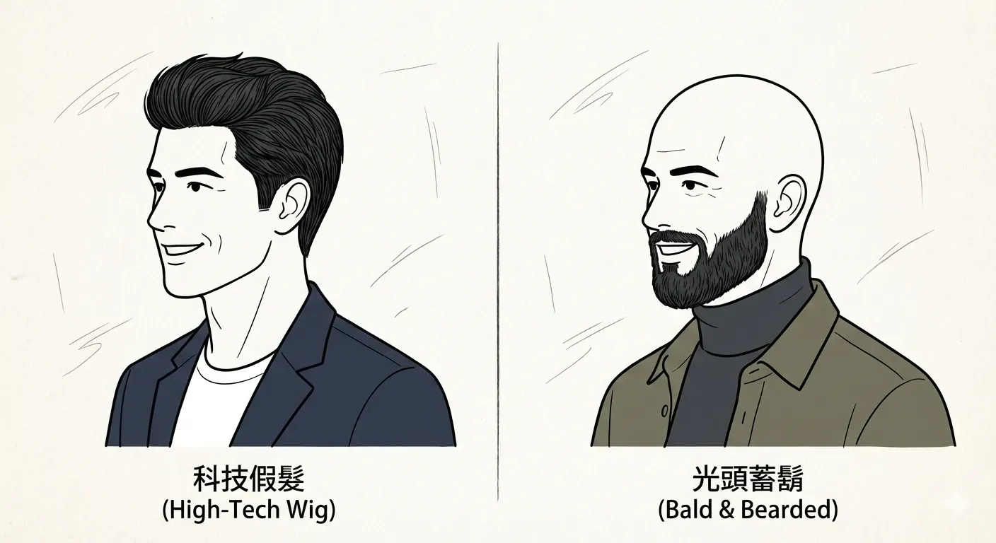 雄性禿的替代方案插畫：同一位男性自信展示配戴科技假髮，以及剃光頭搭配蓄鬍的兩種帥氣風格