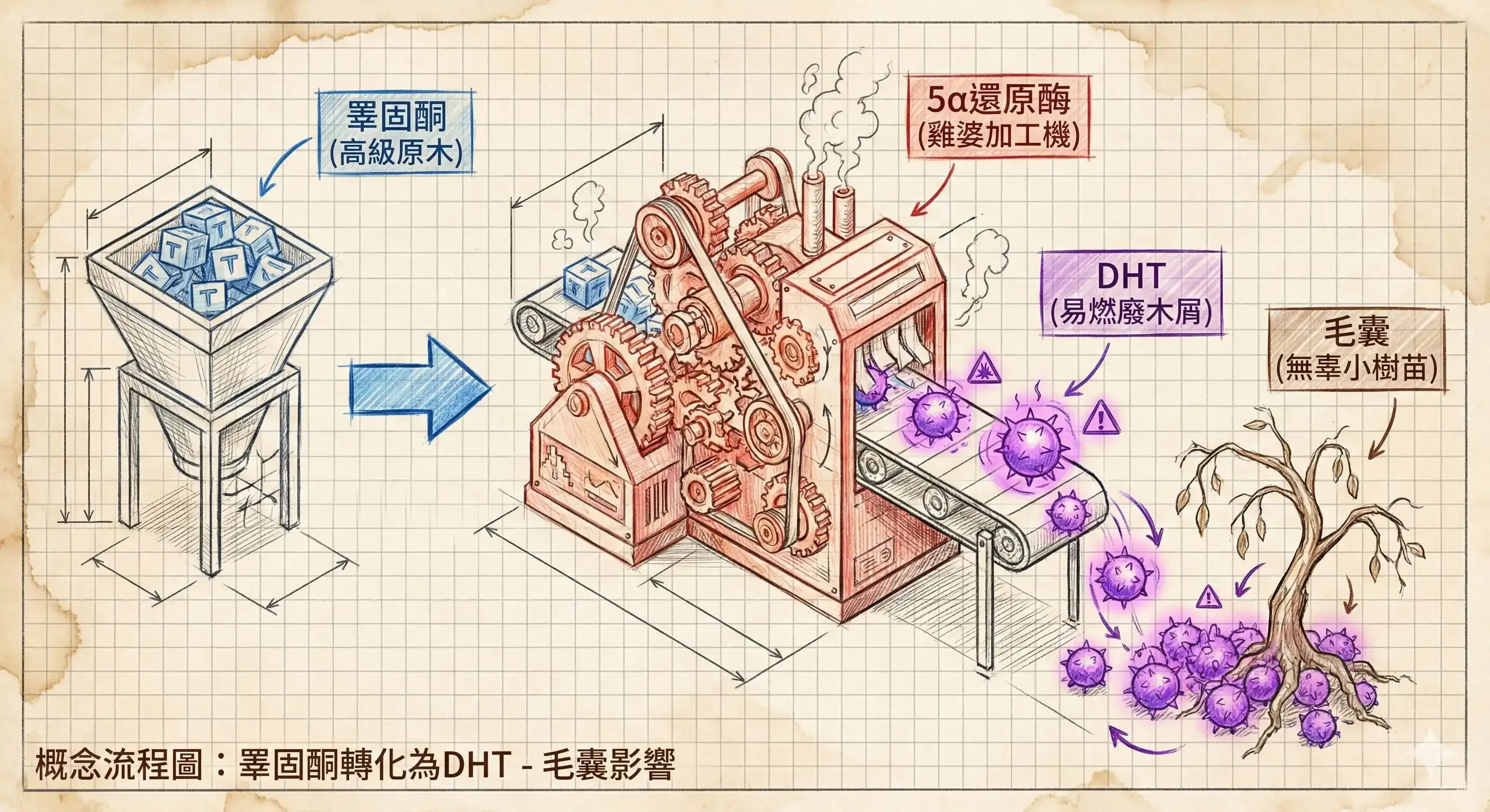 RK 的雄性禿成因圖解：展示睪固酮原料經過 5α 還原酶加工機轉變為 DHT 廢料，並堆積在毛囊樹苗根部導致萎縮的工廠流程示意圖