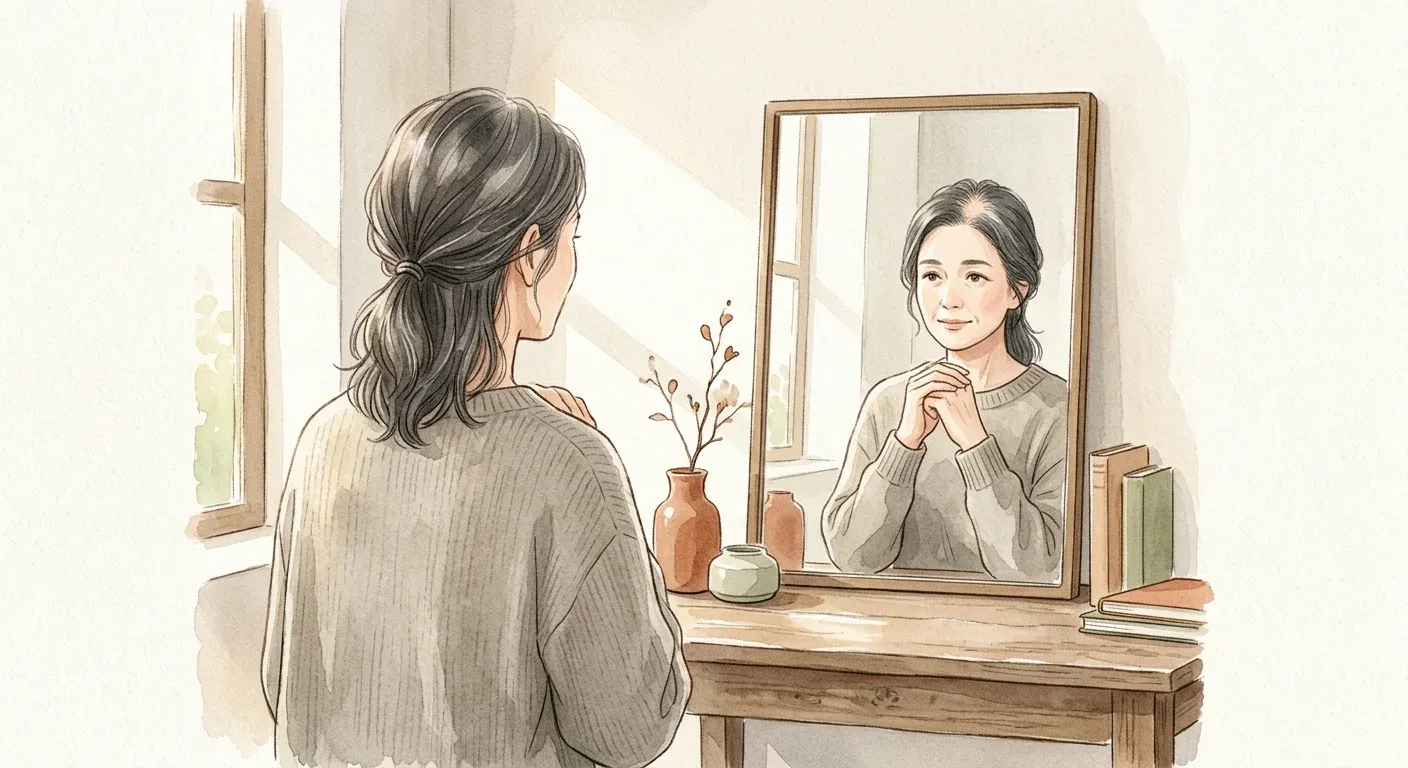 更年期女性面對鏡子中越來越稀疏的頭頂，溫暖午後光線的安靜時刻