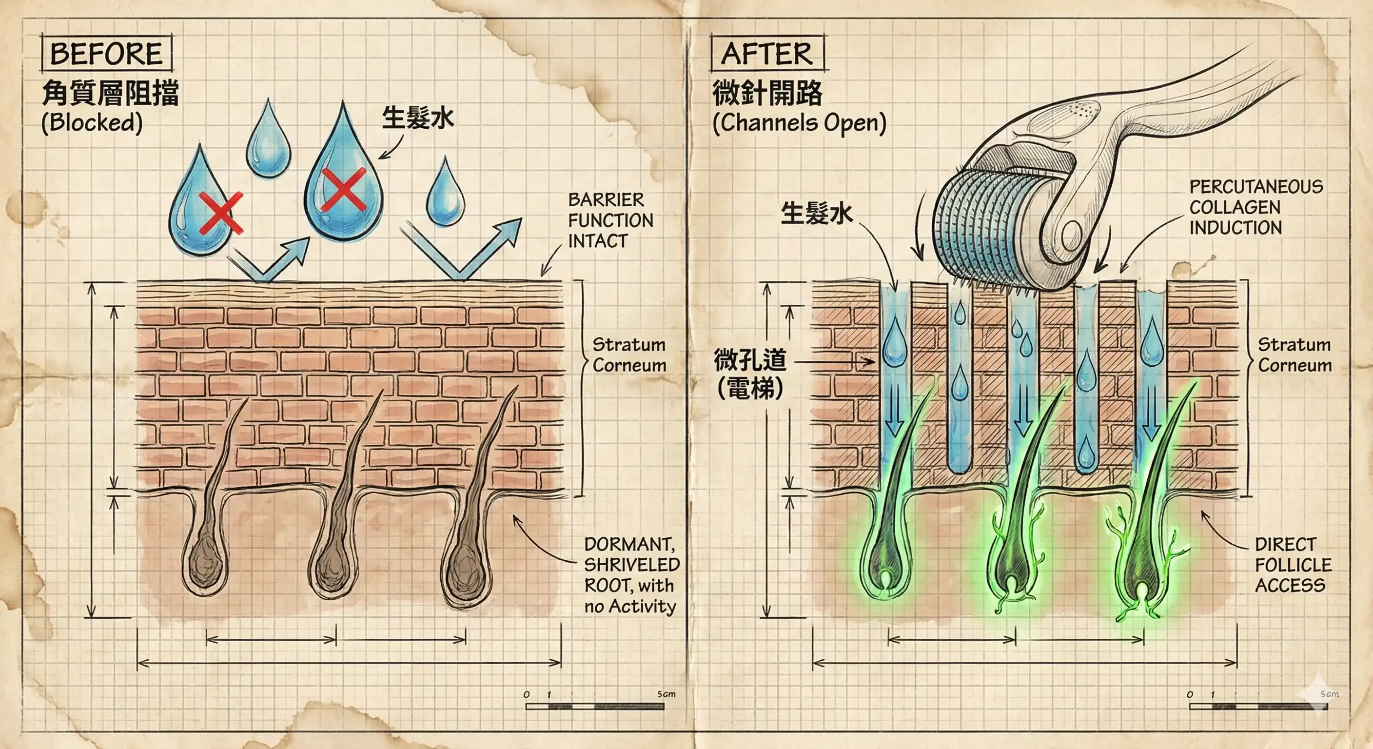 RK 的桌面俯拍圖，放置著微針滾輪、生髮水瓶與一份標註著「4倍吸收率外掛」的手繪生髮機制藍圖筆記