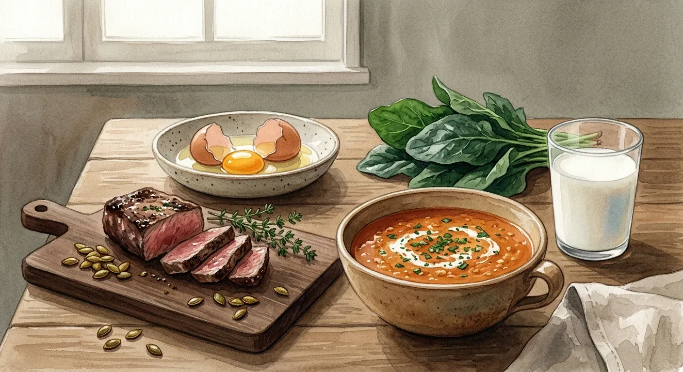 哺乳期食物優先策略：紅扁豆、牛肉、深綠葉菜、蛋、南瓜籽、牛奶