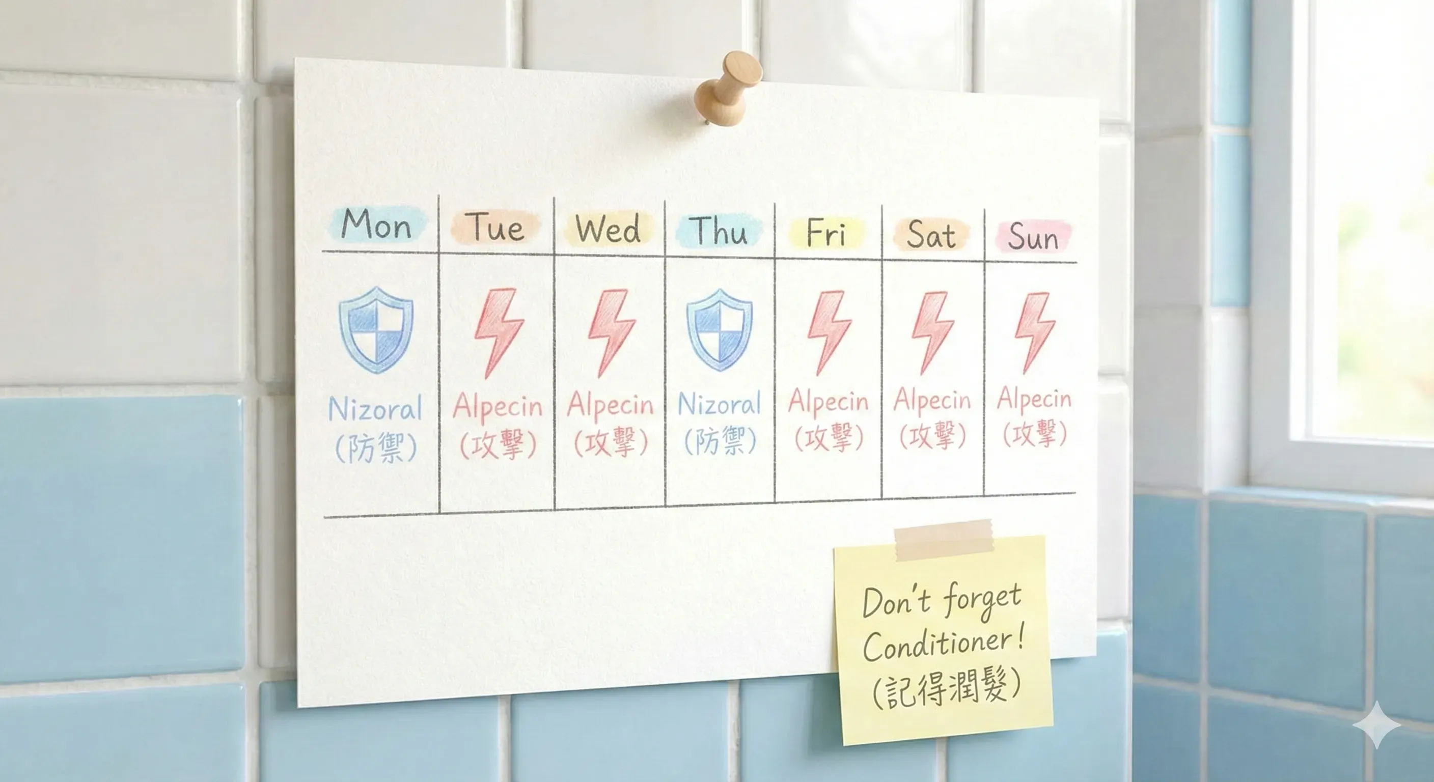洗髮精輪替課表圖解：方案A為油性戰鬥版，方案B為乾性修復版