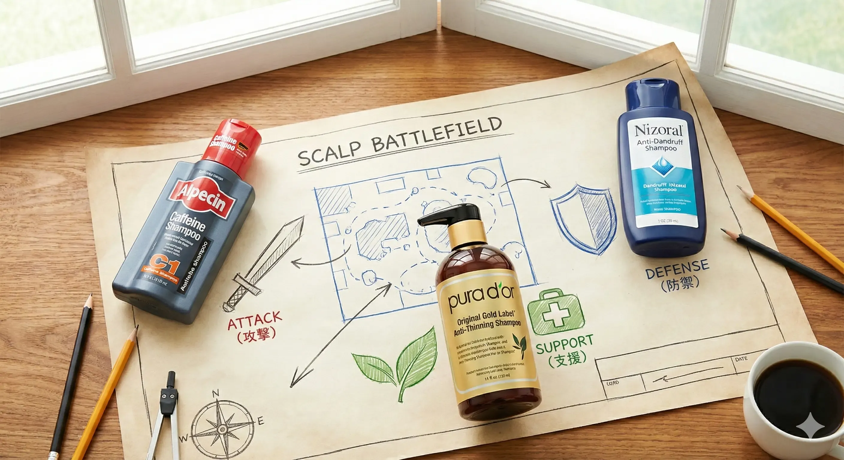 RK 的洗髮精戰隊圖解：左邊是攻擊手 Alpecin，右邊是防禦手 Nizoral，中間是後勤 Pura D'or