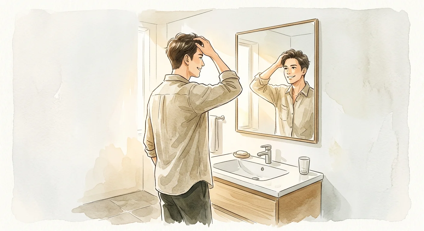 自信的男性在浴室鏡前撫摸頭髮，滿意的笑容，清晨陽光，傳達正面轉變