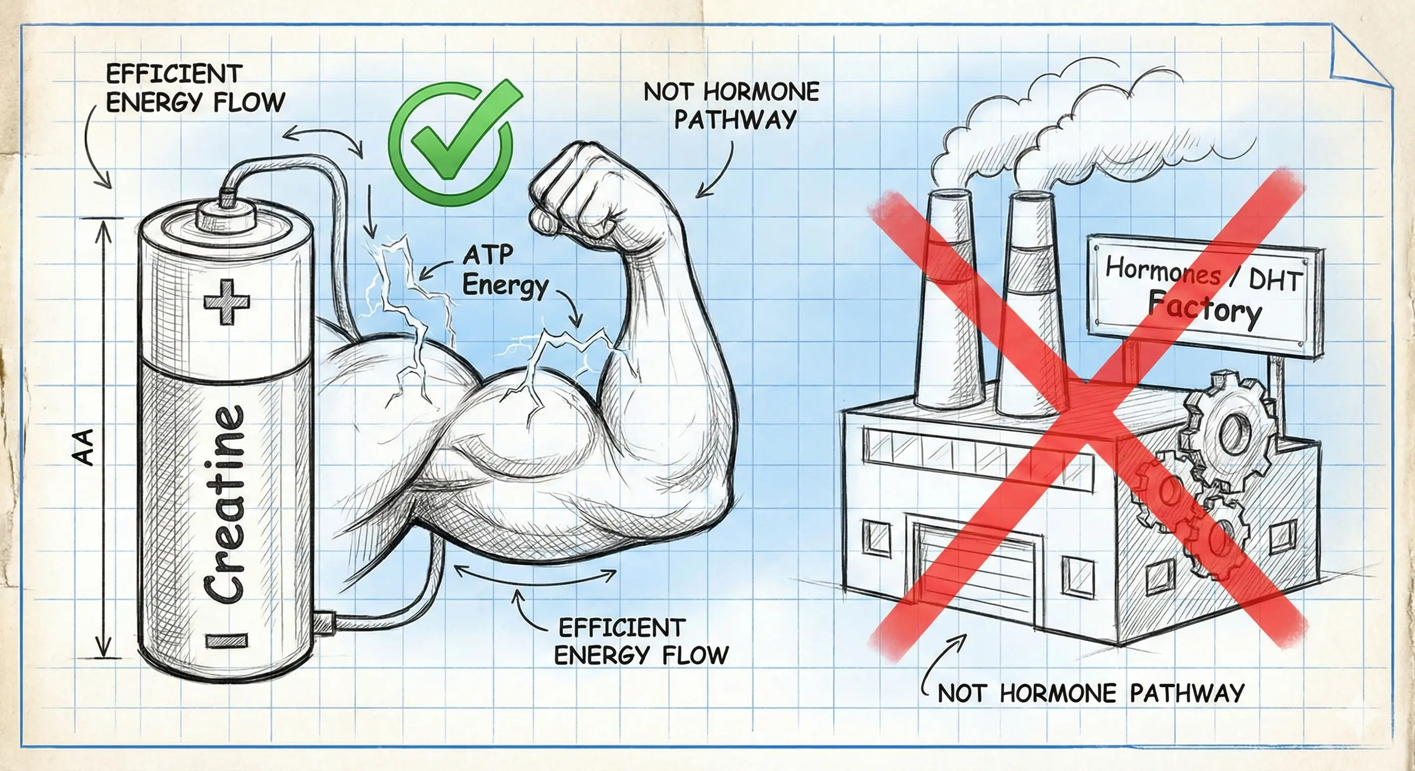肌酸機制手繪圖解：將肌酸描繪為提供肌肉能量的行動電源 (ATP)，並打叉否決它是荷爾蒙工廠的錯誤迷思