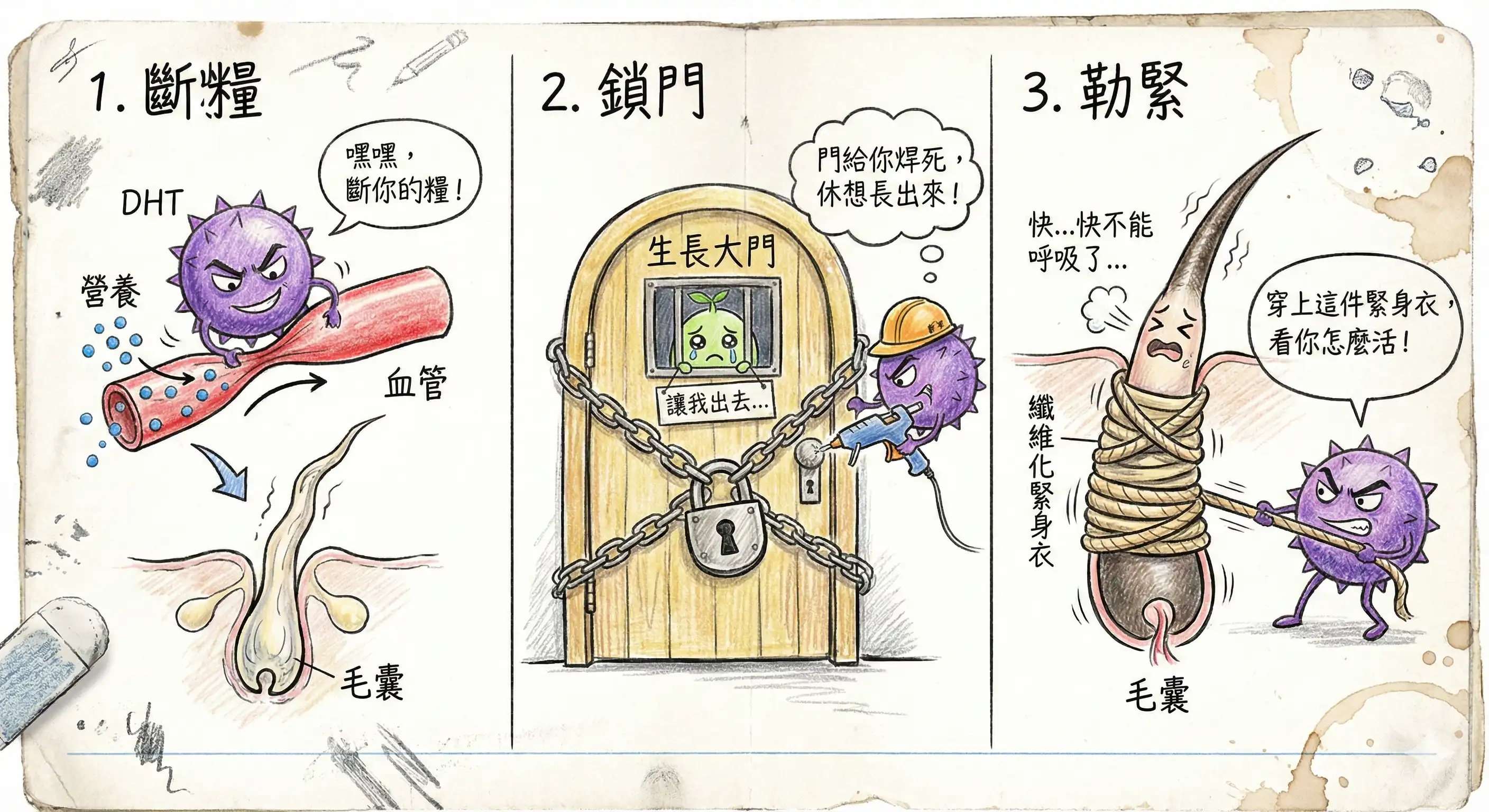 漫畫說明 DHT 對毛囊的三重傷害：切斷血管斷糧、鎖死生長開關、以及纖維化勒緊毛囊
