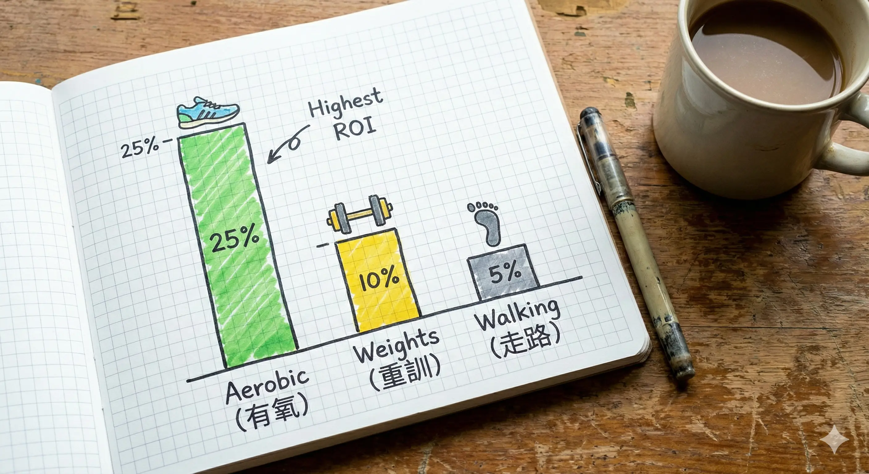 運動改善掉髮數據圖表：手繪長條圖顯示有氧運動改善率最高 (25%)，重訓為中性 (10%)，走路效果最低 (<5%)
