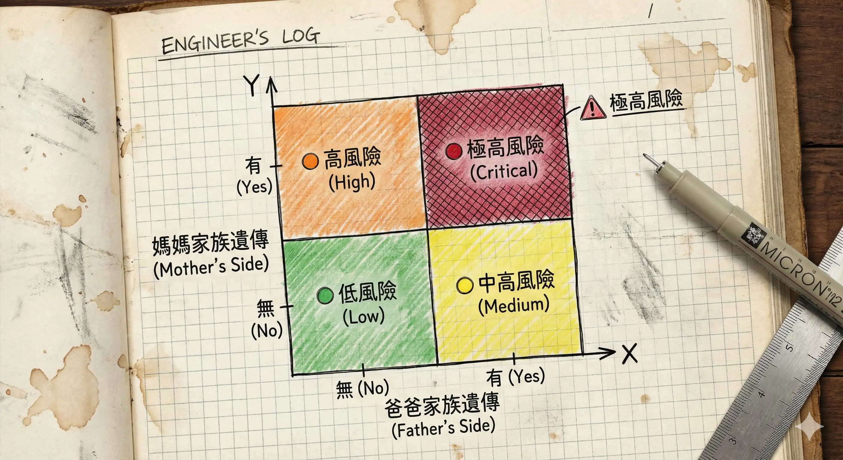 RK 的遺傳風險分析矩陣圖：顯示當爸爸與媽媽雙方皆有遺傳時，禿頭風險等級達到最高的紅色警戒區