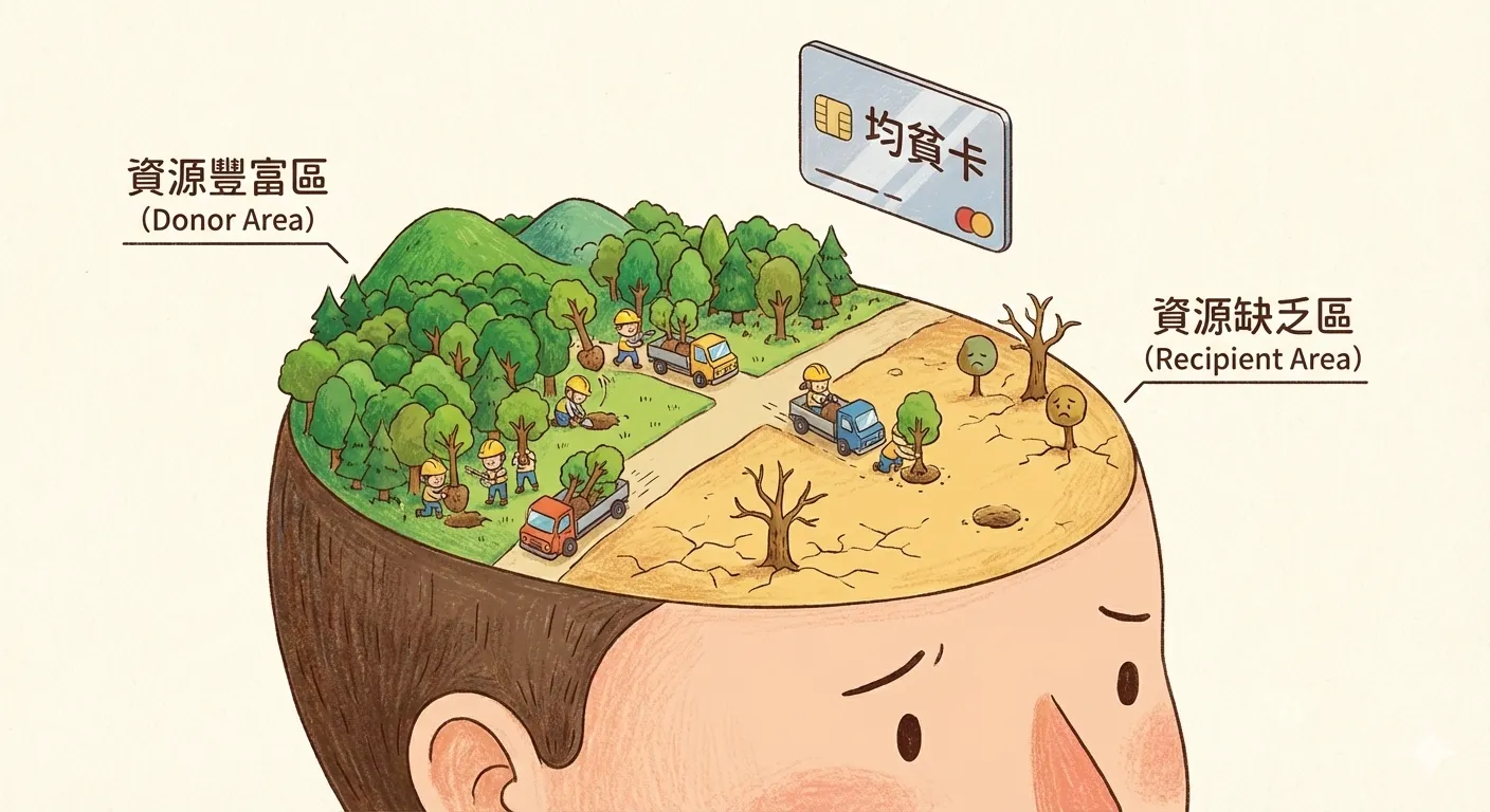 植髮原理概念插畫：將後腦勺茂密區的毛囊資源，重新分配至前額稀疏區，象徵髮量的資源重分配（均貧卡）