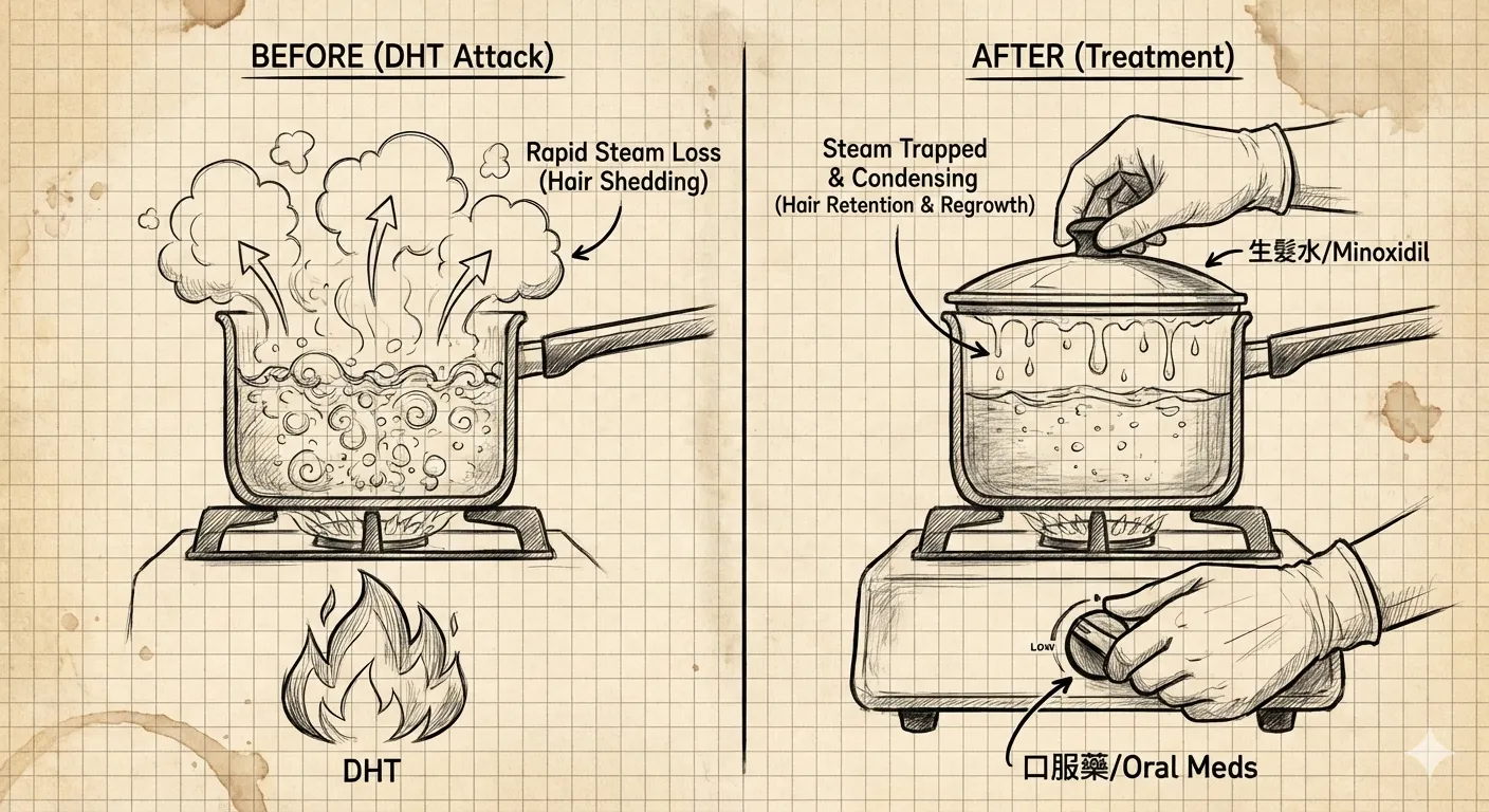 工程師 RK 生髮鍋蓋理論圖解：將口服藥比喻為關小火以抑制 DHT，將生髮水比喻為蓋上鍋蓋以鎖住髮量