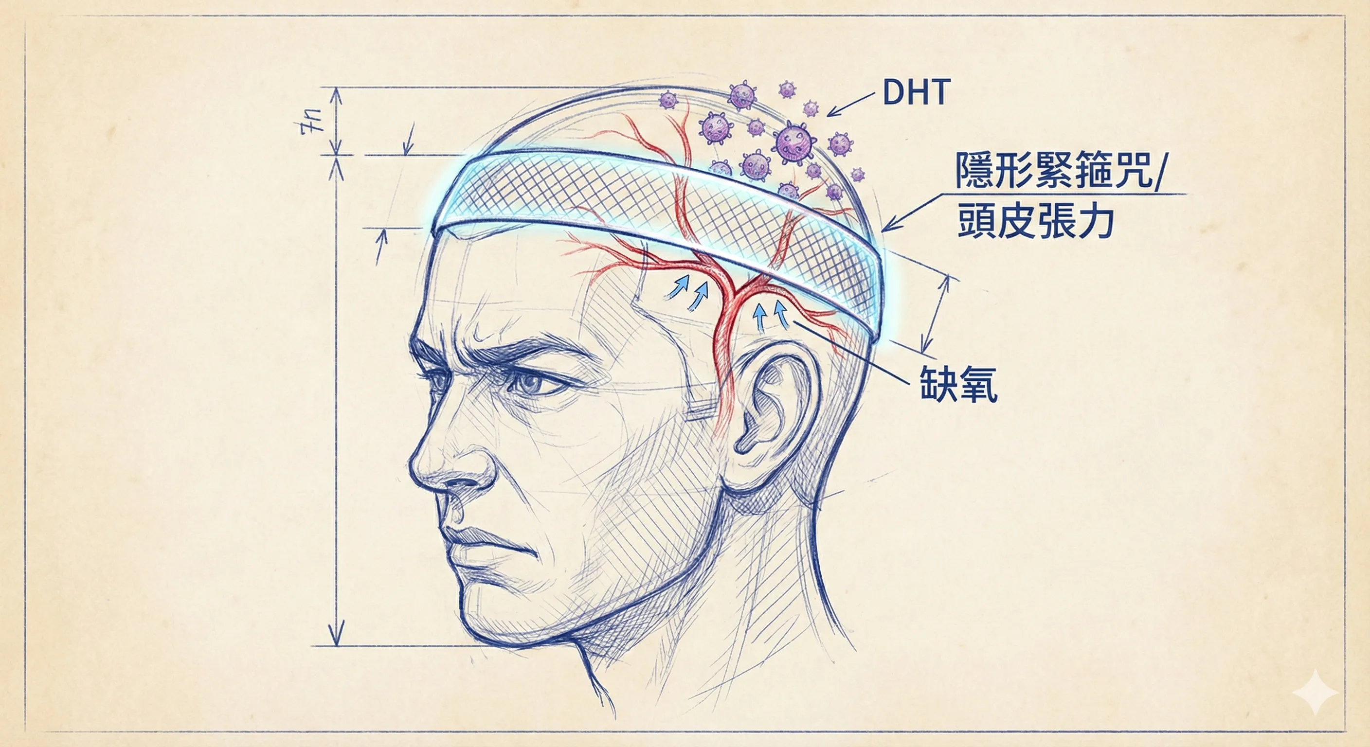 圖解頭皮張力：一個透明的人頭戴著隱形緊箍咒，顯示壓力如何壓迫頭頂血管導致缺氧和 DHT 堆積