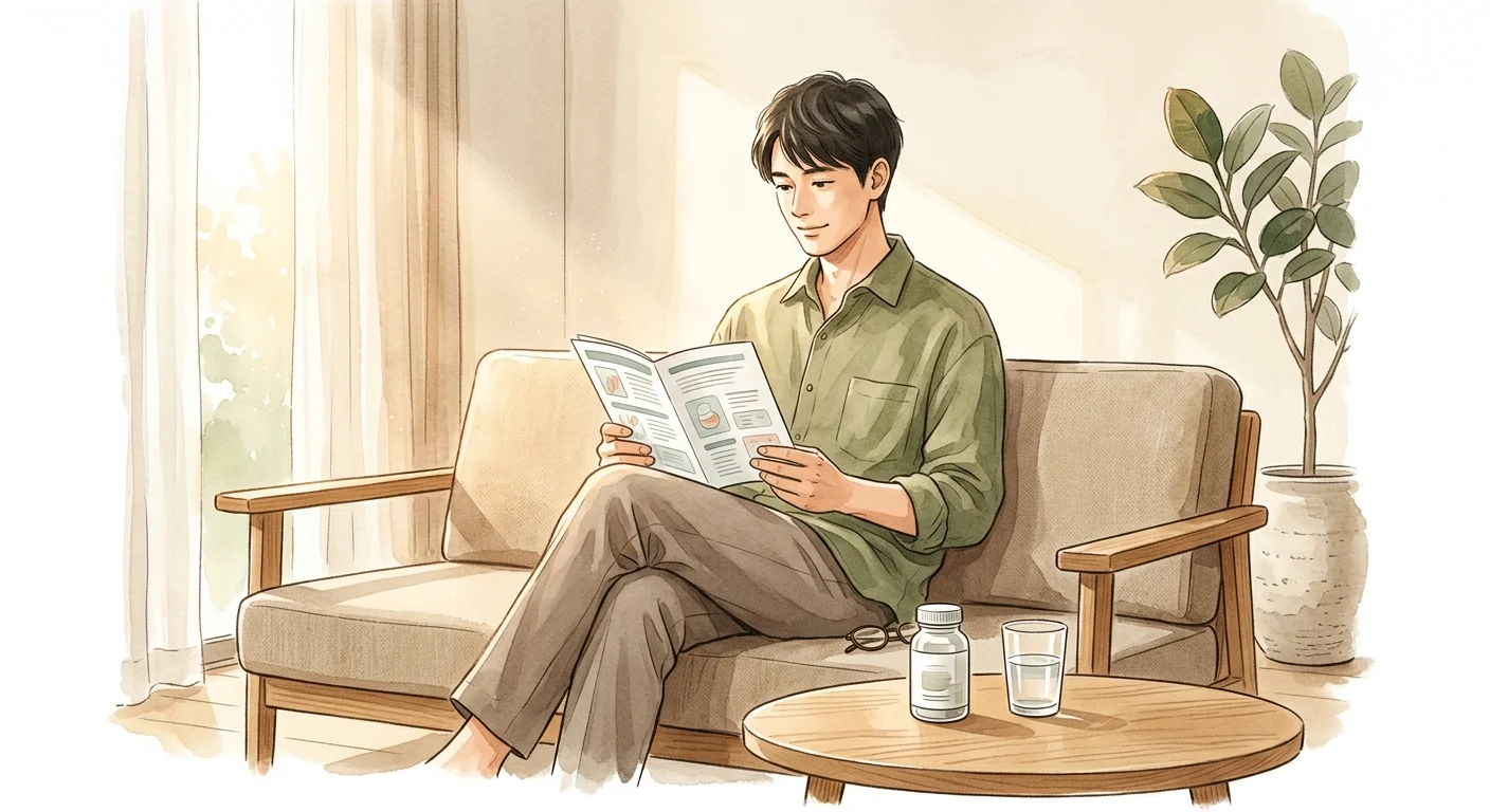 一位年輕男性坐在沙發上平靜地閱讀藥物說明書，旁邊桌上放著一瓶藥和一杯水，溫暖的午後光線