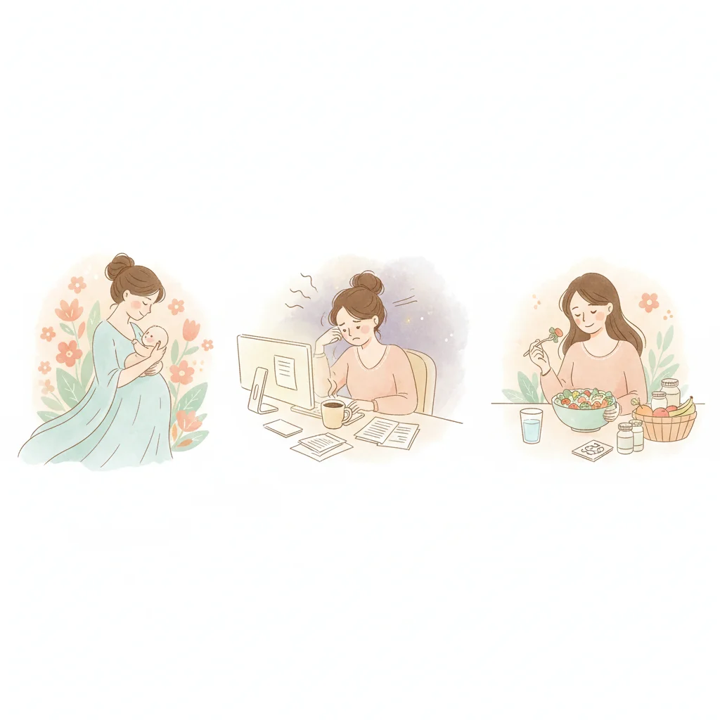 女性掉髮觸發因素：產後、壓力與營養的生活情境插圖