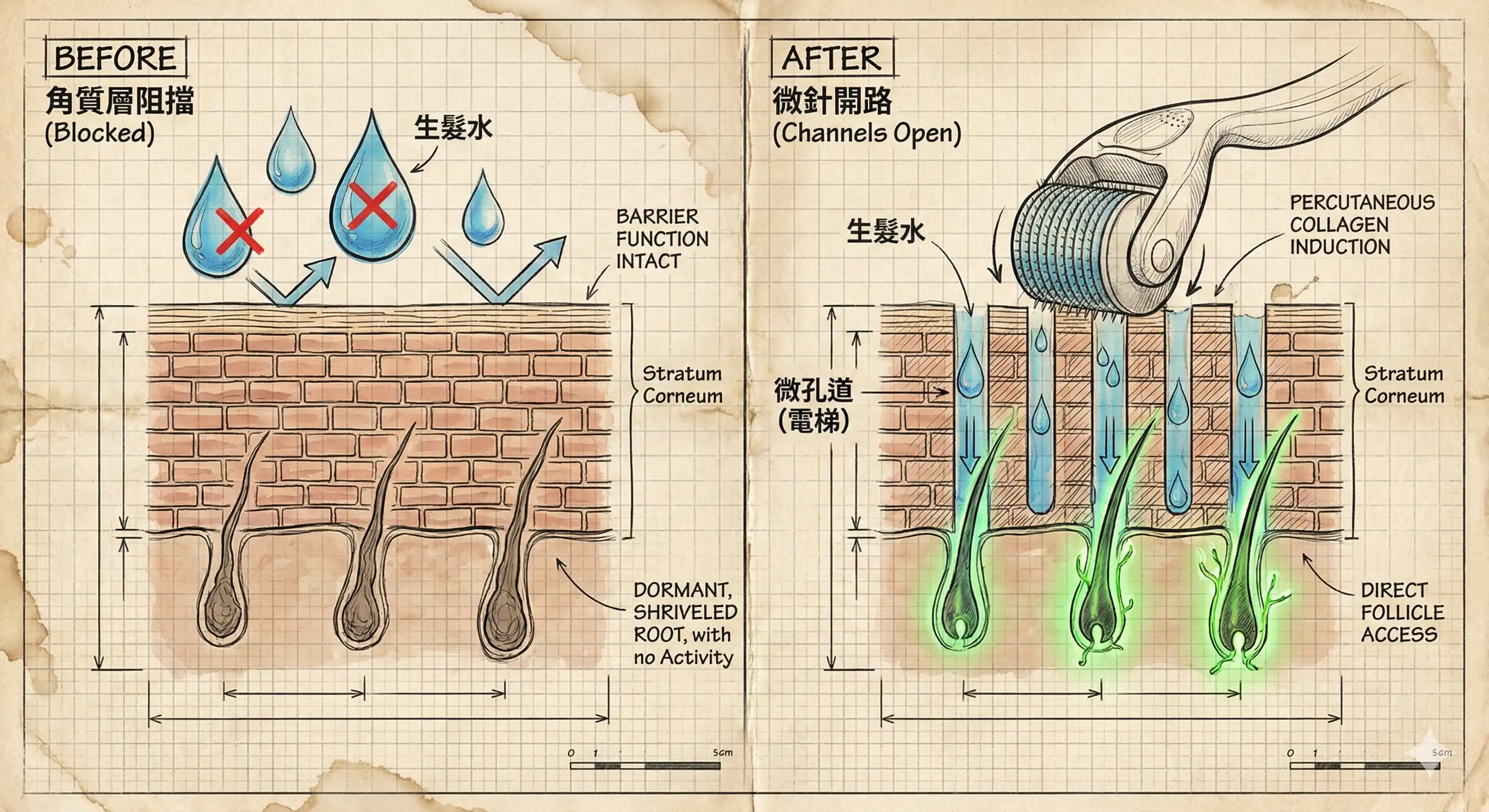 RK 的桌面俯拍圖，放置著微針滾輪、生髮水瓶與一份標註著「4倍吸收率外掛」的手繪生髮機制藍圖筆記