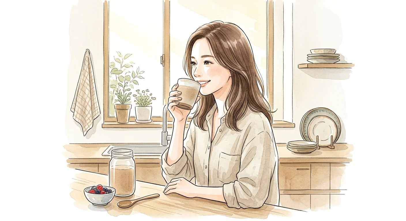 女性在明亮廚房中飲用膠原蛋白奶昔，健康髮膚，傳達由內而外的美麗