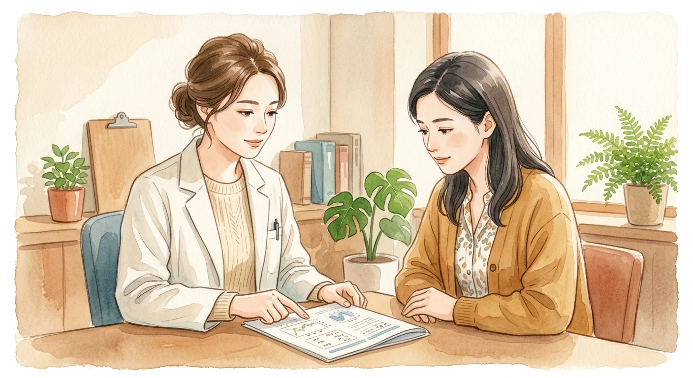 女性在診所與醫師討論驗血報告，溫暖的醫療環境，傳達檢測的重要性