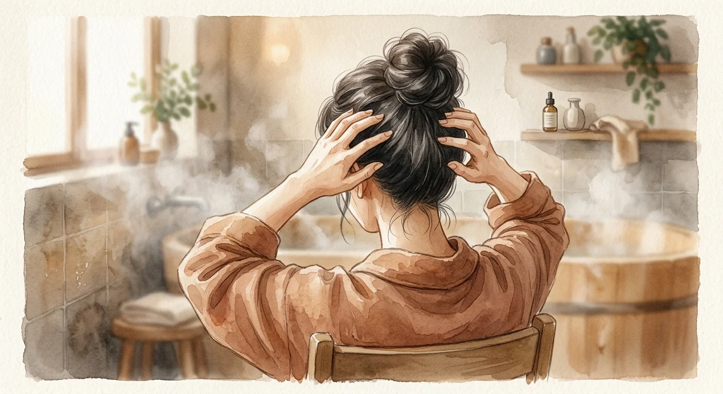 女性雙手輕柔按摩頭皮的畫面，溫暖的浴室光線，傳達放鬆的護髮儀式感