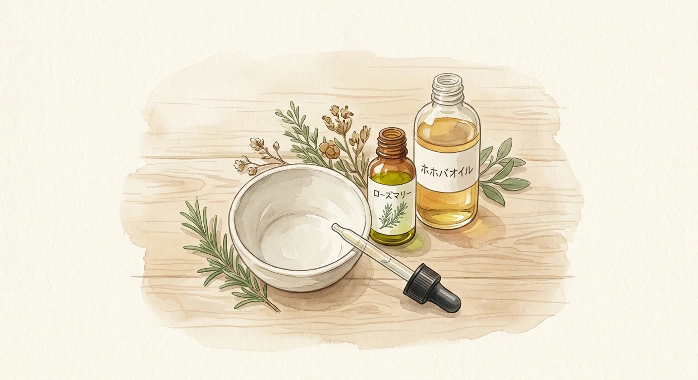 平拍迷迭香精油、荷荷巴基底油、陶瓷混合碗和量滴管的桌面擺拍，傳達 DIY 護髮油調配